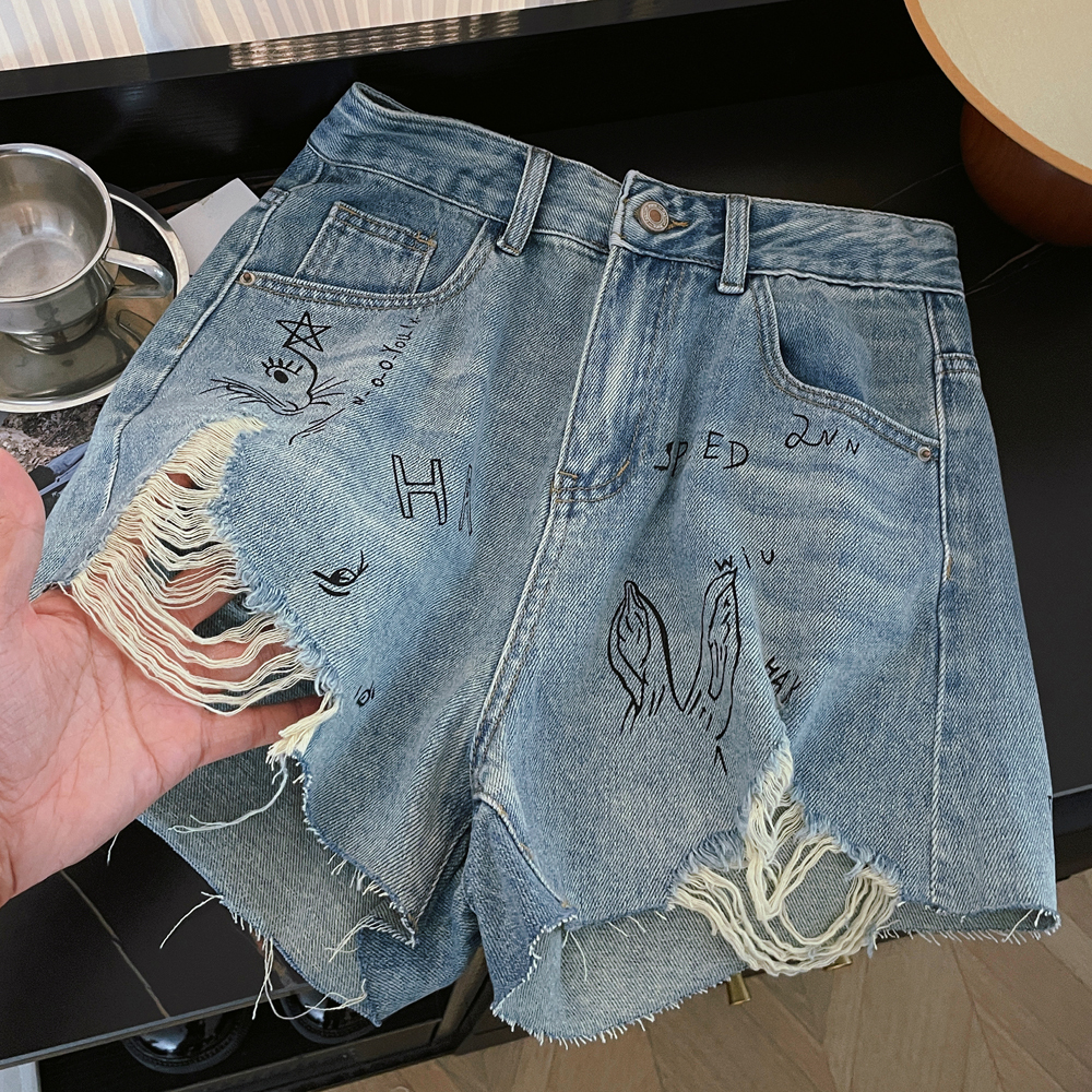 Korean version fun rabbit graffiti print with holes, rough edges, high waist straight tube, loose and slimming denim shorts for women, summer