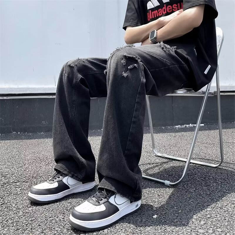 2024 Summer Fashion Micro La Gao Street Boys with Broken Holes Light Blue Versatile Jeans for Men and Women