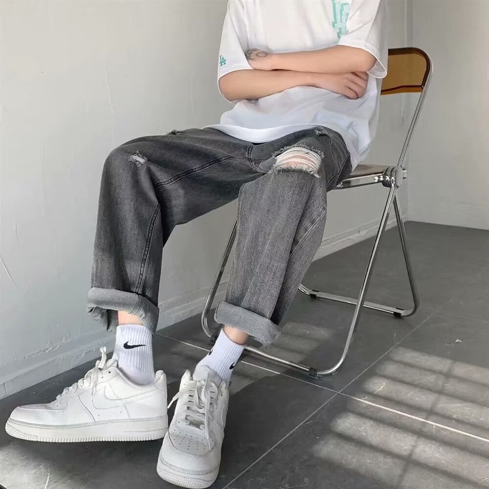 Nine point ripped jeans men's summer thin fashion brand straight tube loose casual high street trendy ins wide leg pants