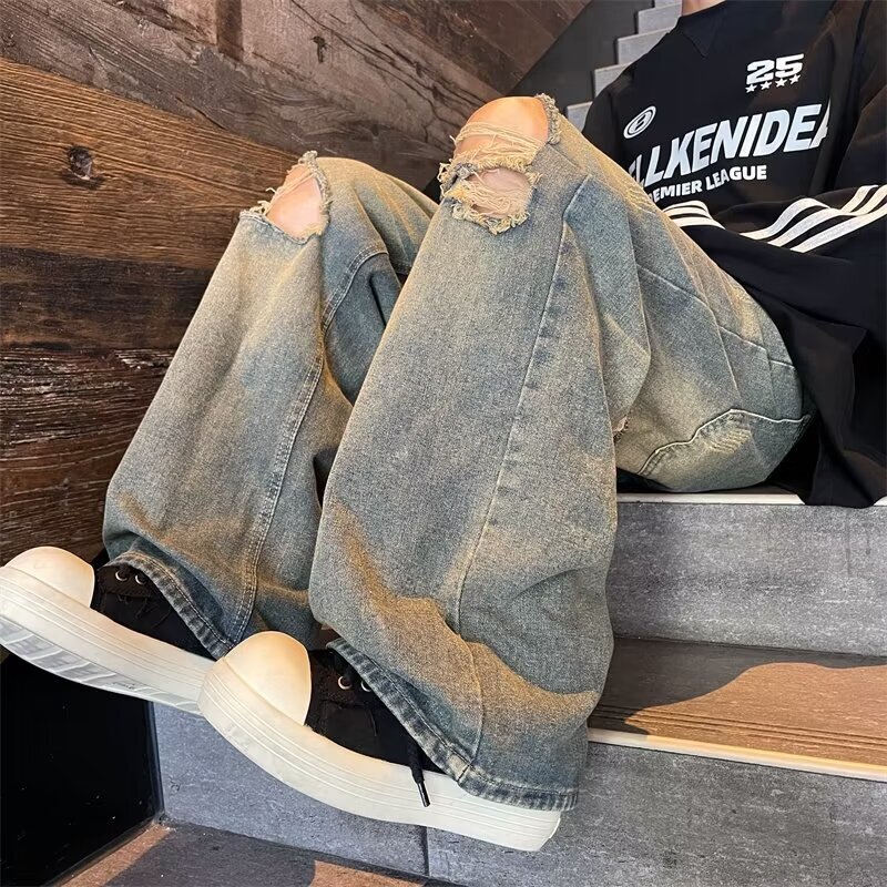 Hip hop ripped jeans men 2024 new summer American washed loose trendy brand casual pants
