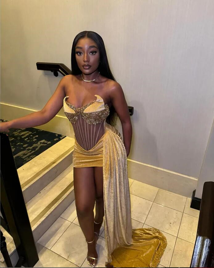 Golden Diamond Corset Mini Cocktail Evening Dresses with Side Train Sparkly Crystal Velvet Birthday Homecoming Gown Black girl prom