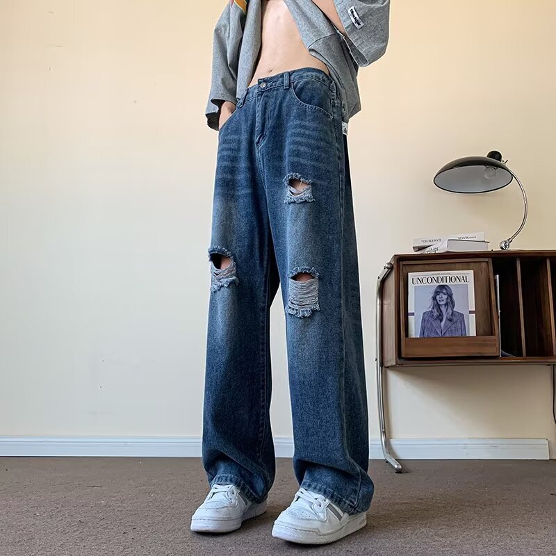 Ripped jeans, American high street fashion brand, straight leg loose long pants, summer slim fit