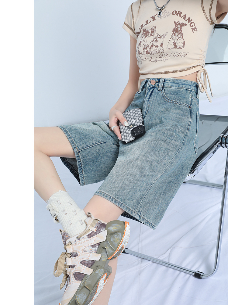 Nostalgic blue jeans women's 2023 summer new versatile five quarter pants high waist slimming leather brand fashionable shorts