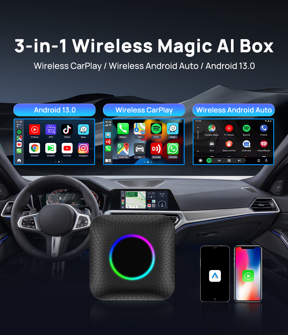 Kowankit Wireless Carplay Android Auto AI Box, Plug & Play Fits Cars,3in1 QCM6225 Chip 8 + 128 GB Android 12 Car Play Adapter, USB-Powered, No Delay, 