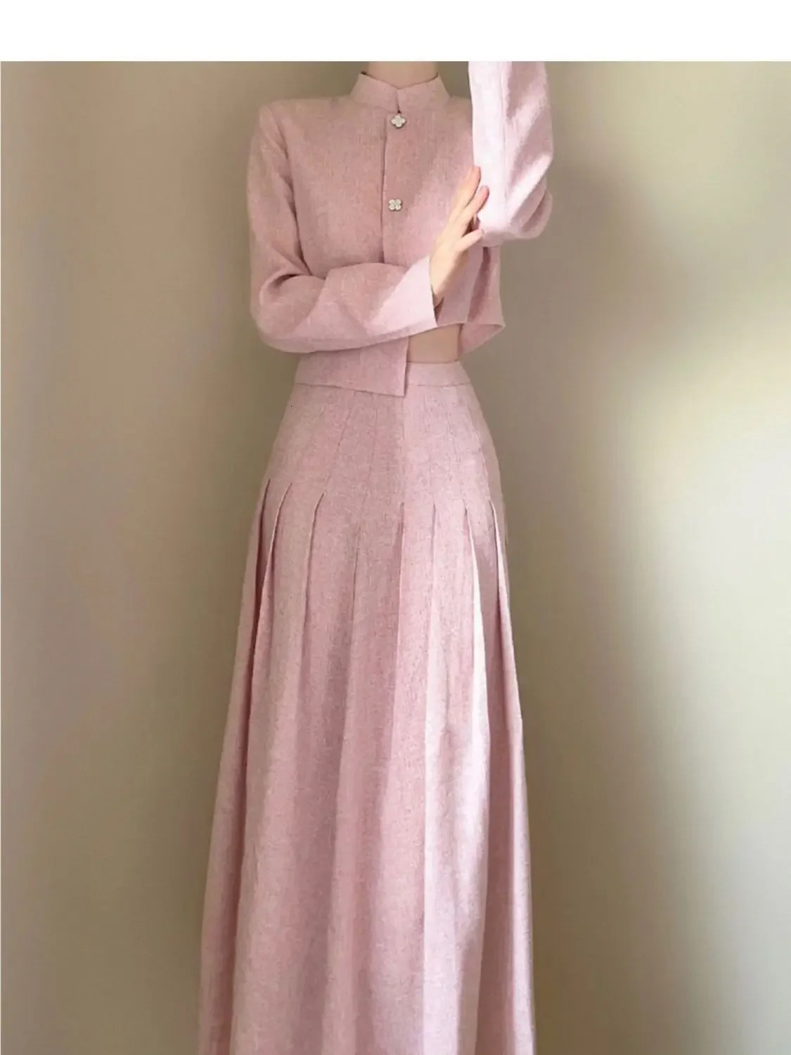 Womens Autumn Fragrant Style Stand Neck Coat Pleat Skirt Half Set Vintage Casual Irregular Two Piece 240715