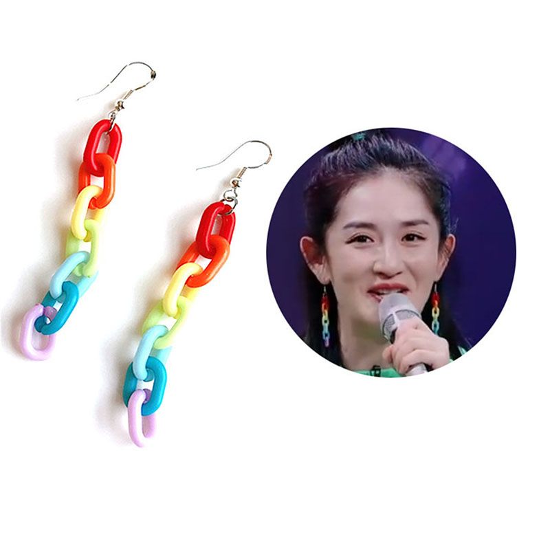 European Popular Acrylic Rainbow Chain Earring for Women Handmade Long Colorful Dangle Ear Clip Hook Earrings Club Charms Jewelry Accessories Wholsale