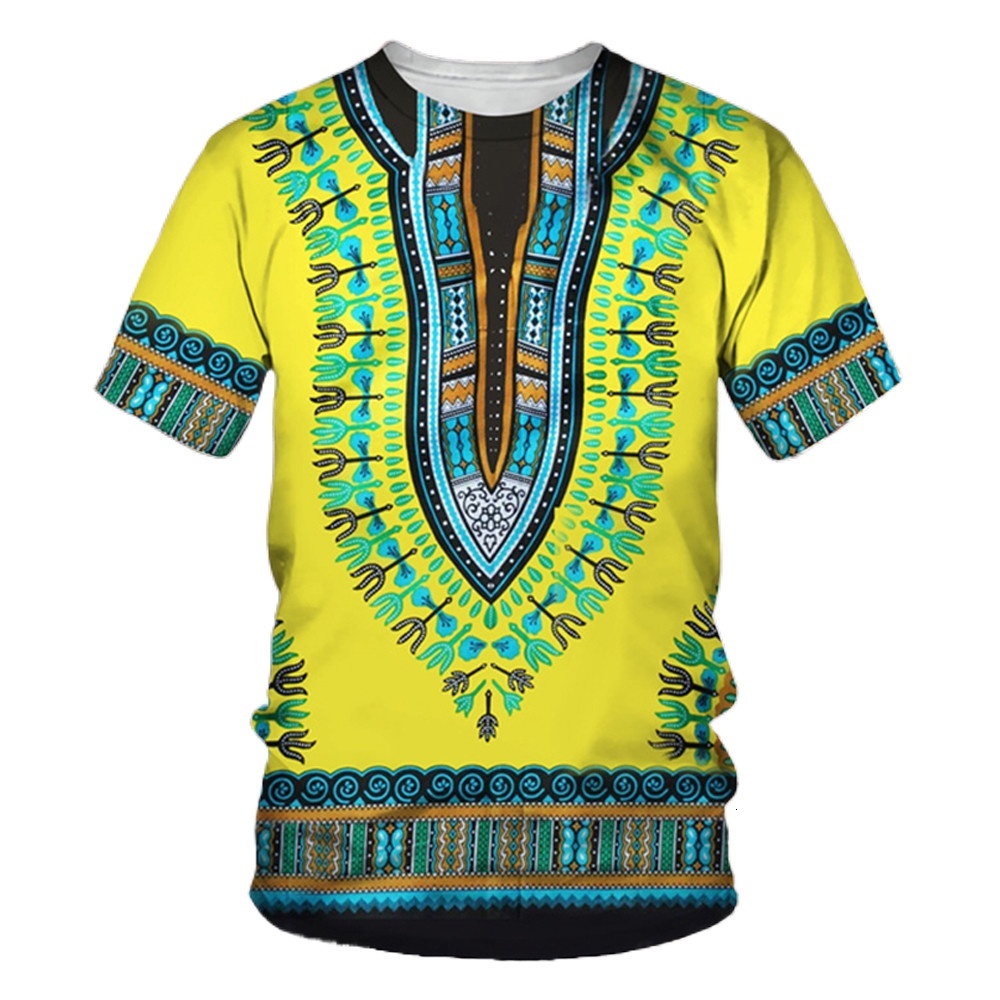 African Men's 3D Printed Dashiki T-shirt Traditional Short Sleeved Casual Street Clothing Retro Ethnic S