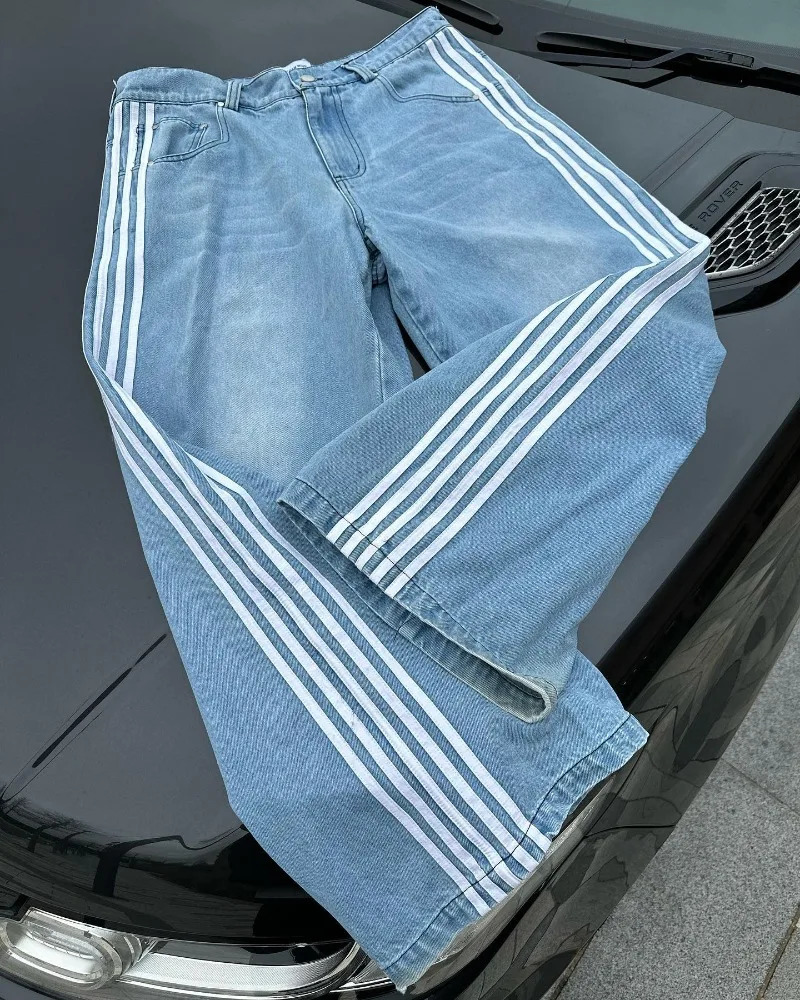 American Fashion Side Piping Striped Baggy Jeans Women Y2K Street Vintage Pop Gothic Casual Joker High Waist Wide Leg Pants 240713