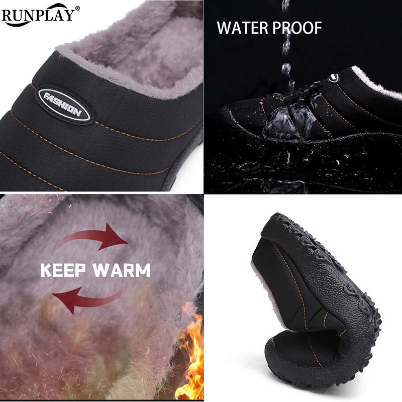 Men Warm Cotton Slippers Winter Women Home Plush Shoes Waterproof Couple Thick Sole Warm Fur Slides Outdoor Casual Snow Boots 240713