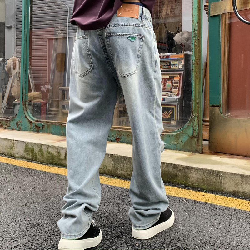 Trendy washed denim men, American style lightning ripped pants, and loose straight leg jeans for men