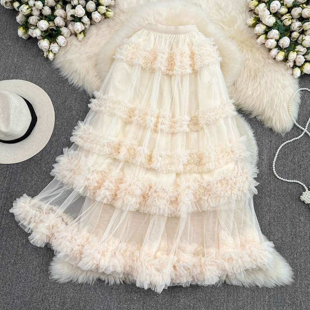 High Waisted Slimming Mesh with Elastic Band, Medium Length Over Knee, Irregular Wood Ear Edge, Super Fairy Cake Skirt for Women Sexy Temperament BOHO