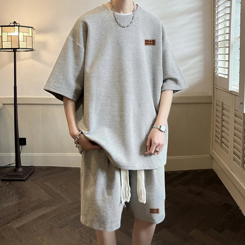 Men Short Sleeve T Shirt Shorts 2 Pcs Sets Breathable Men Tracksuits Oversized T-shirts Suits solid color print Male Clothing 240715