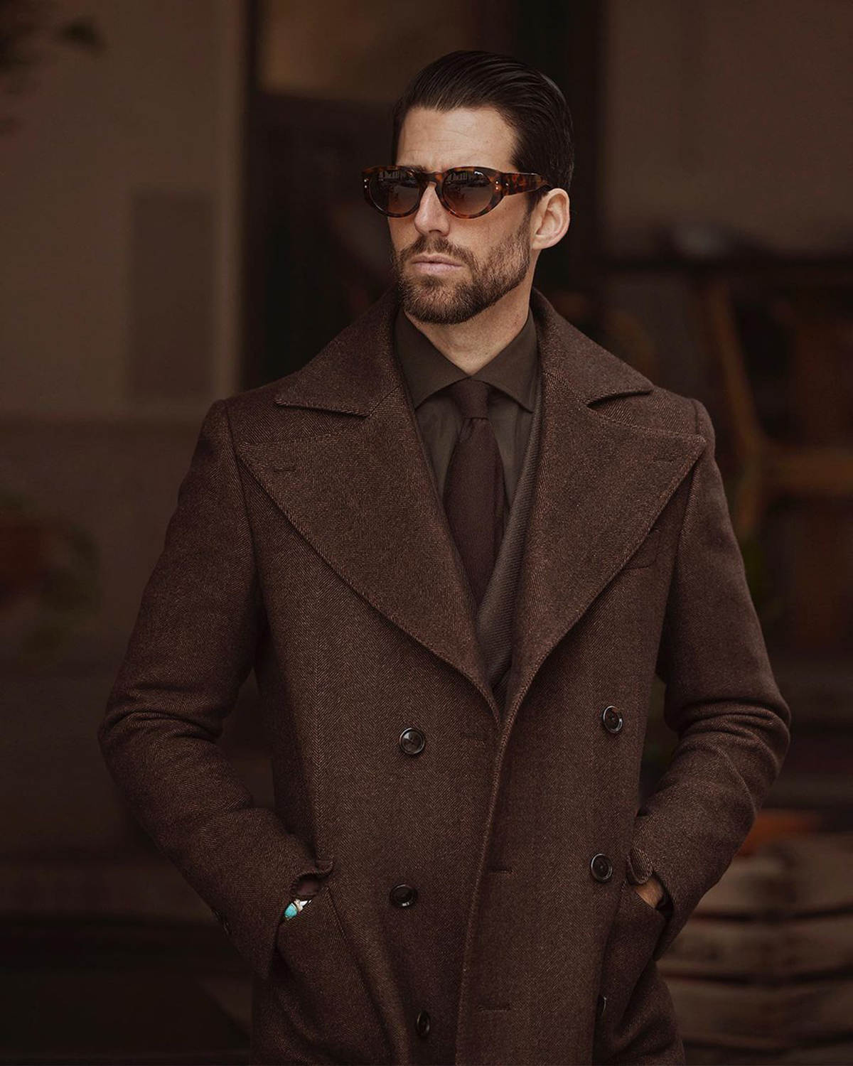 Formal Brown Men Suits Thick Wool Custom Made Double Breasted Tuxedos Peaked Lapel Blazer Back Vent Business High Quality Popular Cheap Price Long Coa