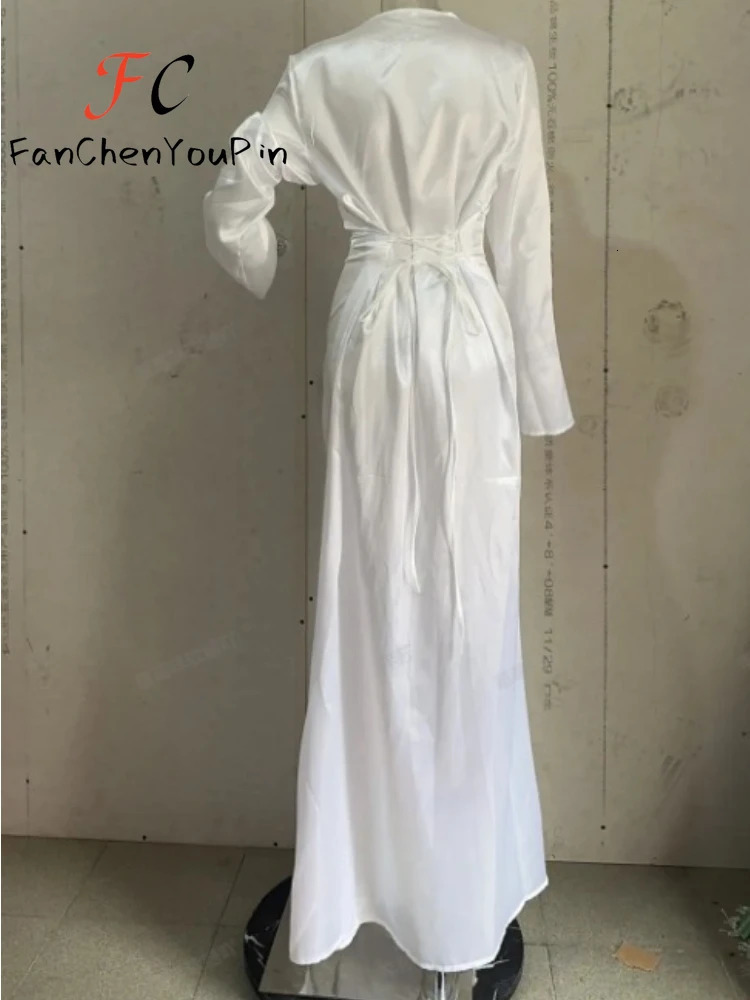 Women Prom Dresses 2024 Fashion Simple ONeck Satin Flare Sleeve Long Dress Elegant Lace Up Slim Evening Party Dresse 240716