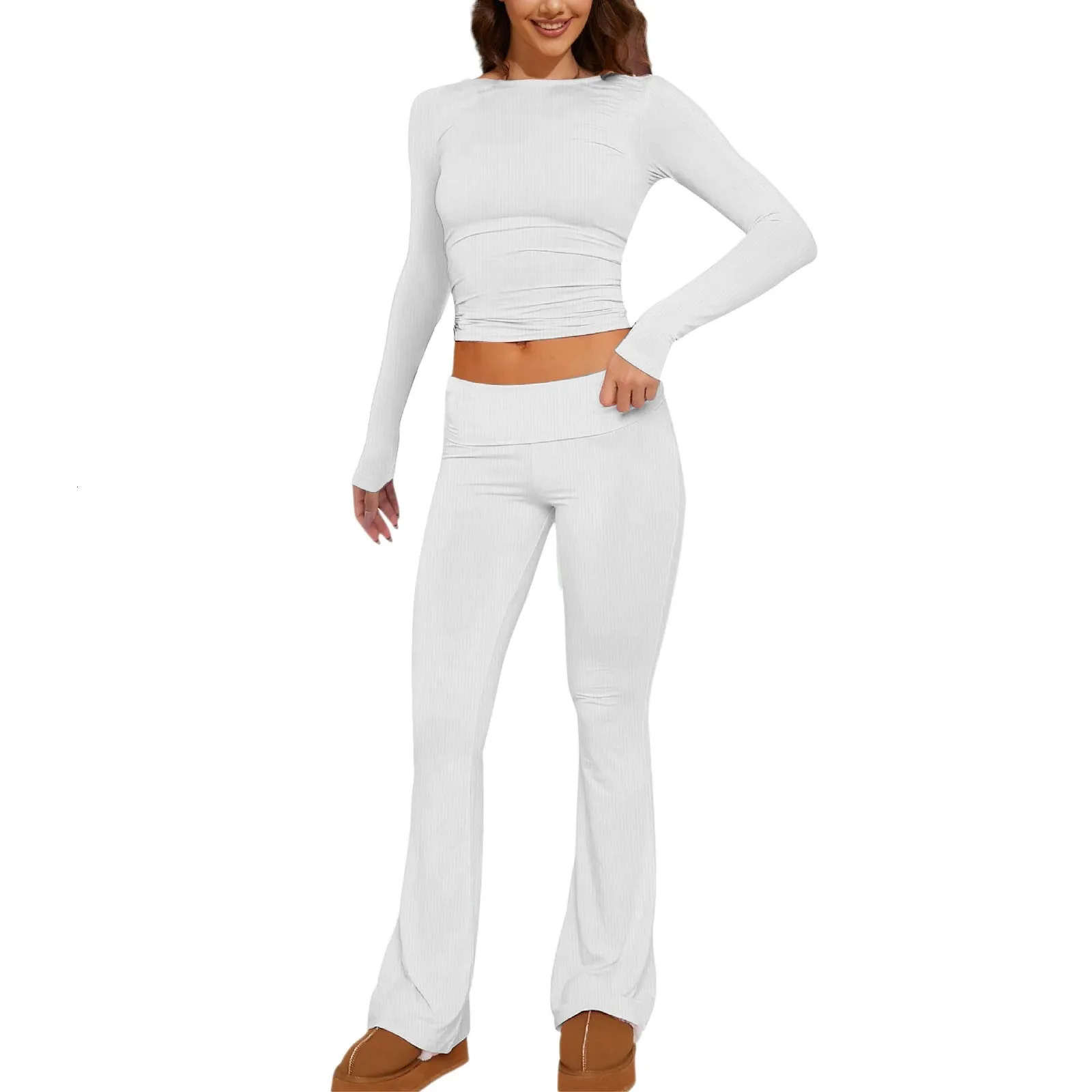 Womens 2 Piece Sets Fold Over Flare Pants Set Long Sleeve Women Petite Suits Suit Jackets And Knit Warm up 240712