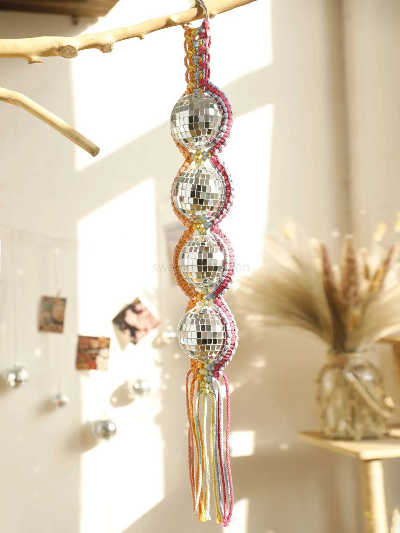 Handwoven Wall Hanging Silver Shining Disco Ball Lighting Reflection Colorful Mirror Ball Big Party Bar Decorations Room DecorB24718