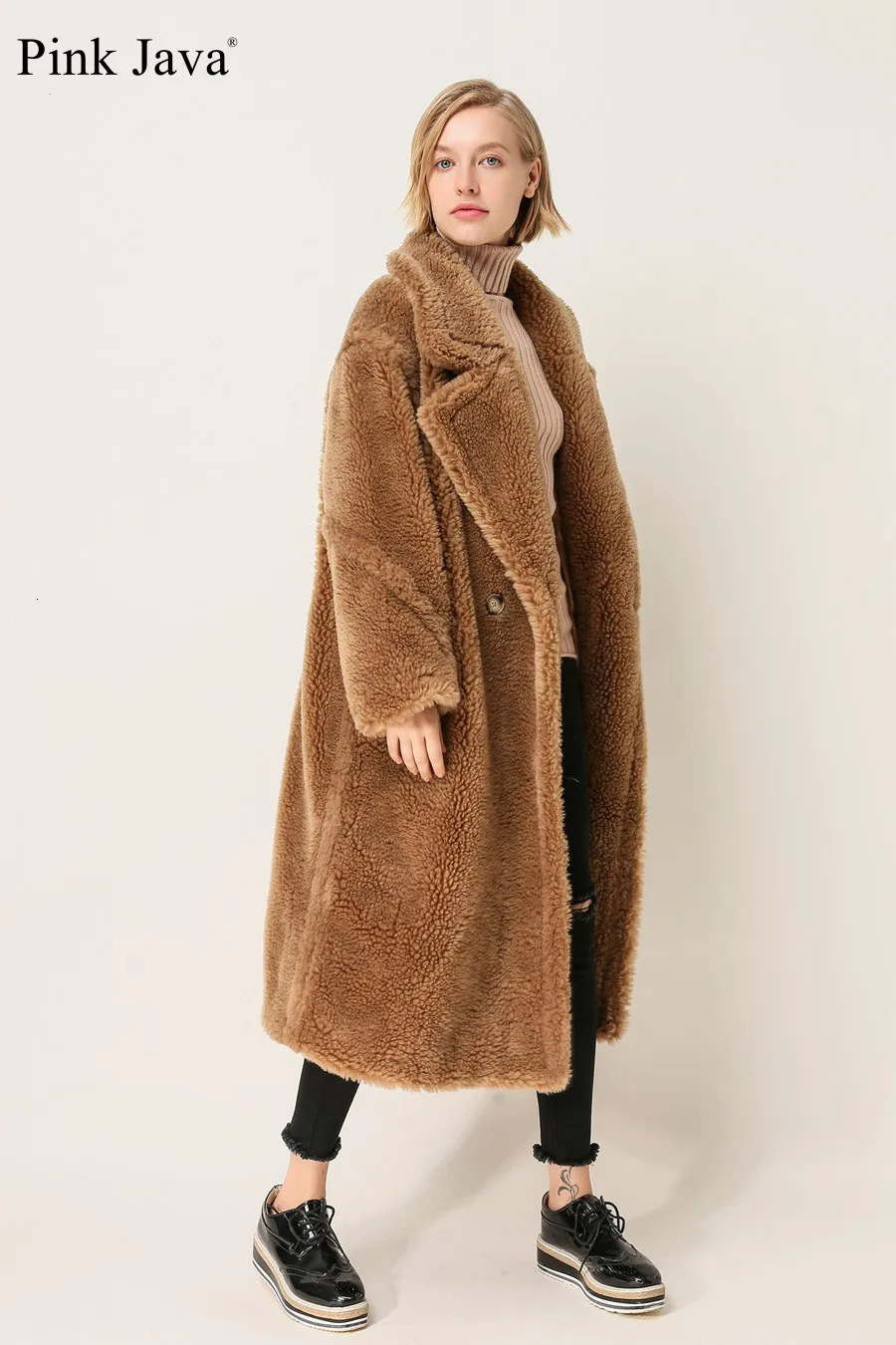 PINK JAVA QC1848 arrival real sheep fur coat long style camel teddy coat over size winter women coat 240708