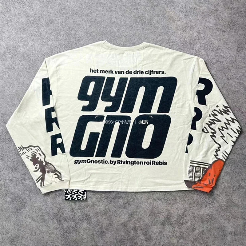 2024 Quality Graphics Slogan Graffiti TShirt Men Women Oversized Cement White RRR123 Long Sleeved T Shirt Vintage Tops 240715