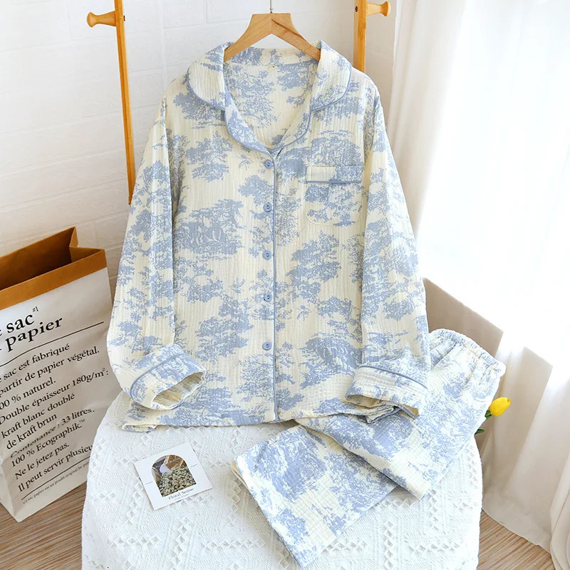 100% Cotton Gauze Women Pajamas Sleepwear Female 2 Piece Set Ink Painting Printing Nightwear Pyjamas Home Clothes Loungewear 240712