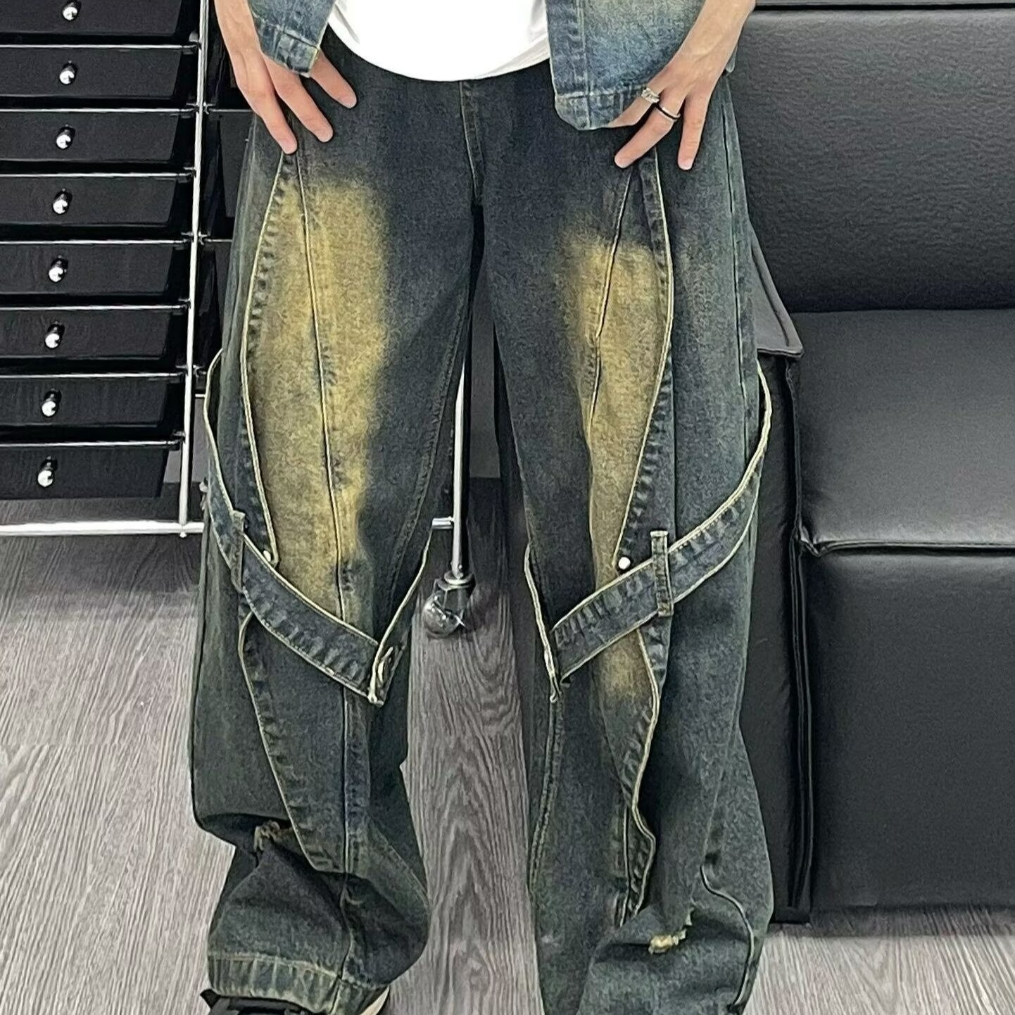 High Trendy Washed Structure Strap Jeans with American Street Design Gradient Splicing Pants