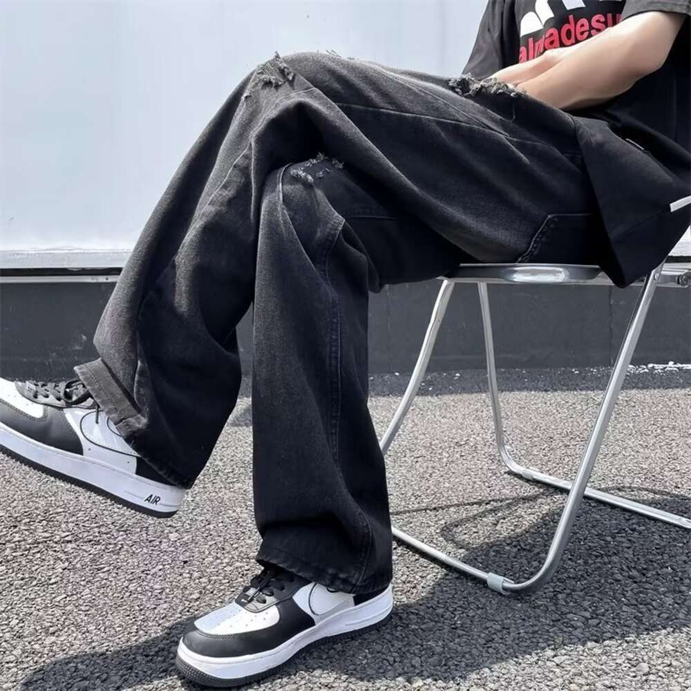 2024 Summer Fashion Micro La Gao Street Boys with Broken Holes Light Blue Versatile Jeans for Men and Women