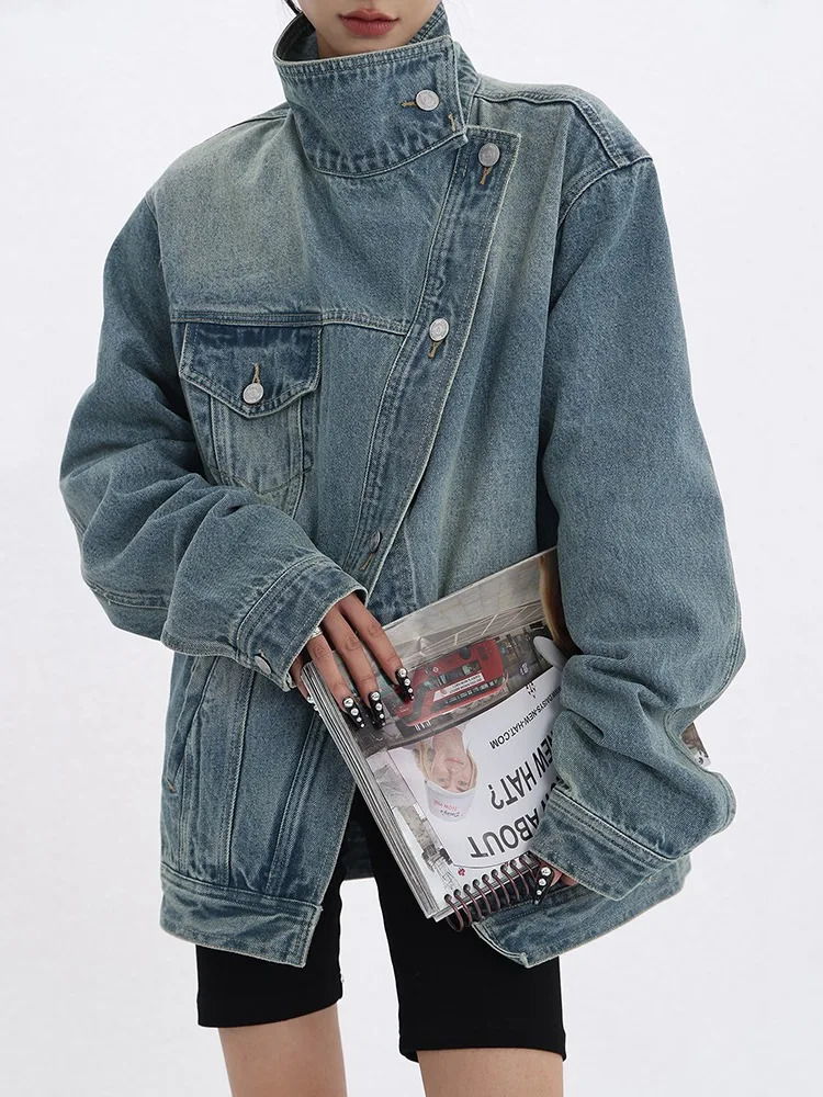 Womens Denim Coat Turtleneck Single Breasted Full Sleeve Patchwork Versatile Jacke Fashion Autumn Streetwear Overcoat 240715