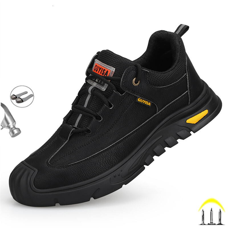 Black Leather Work Safety Waterproof Indestructible Steel Toe Cap Labor Shoes For Men Breathable Anti Smashing Sneakers
