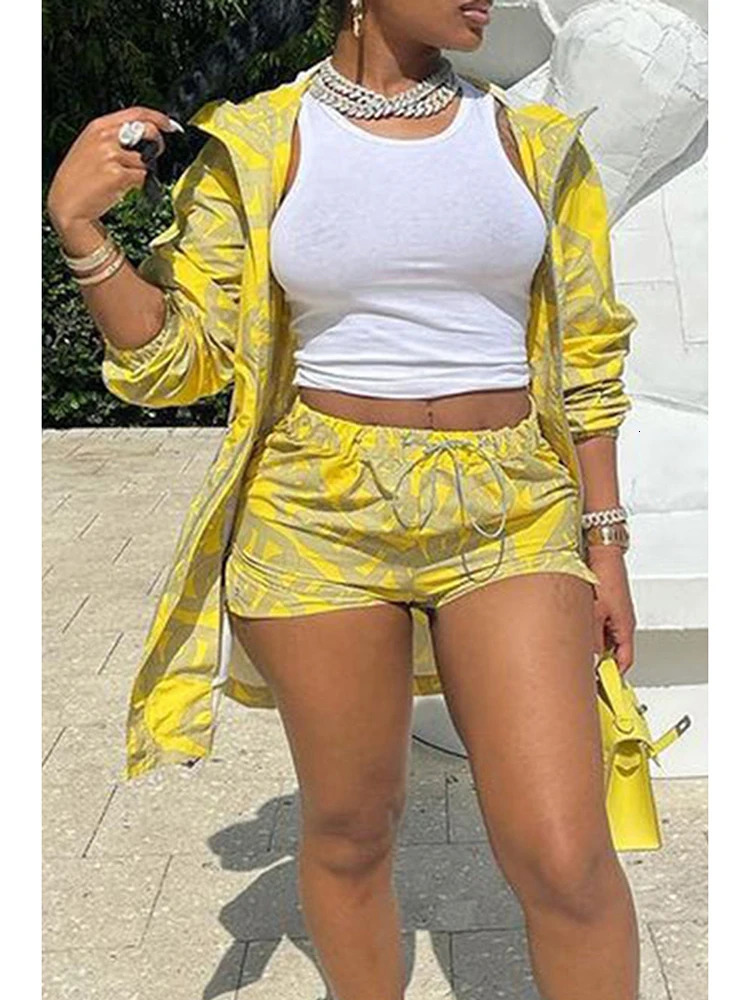 Plus Size Yellow Casual Print Hooded Drawstring Two Pieces Short Sets 240709