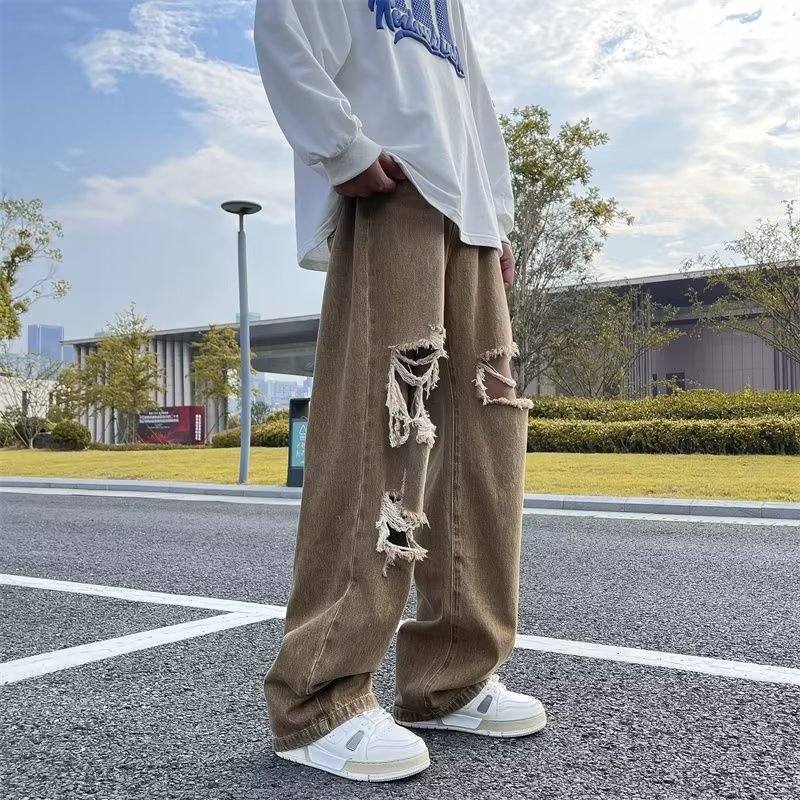 Perforated jeans, men's vibe style, ruffled and handsome straight leg pants, summer American high street ins pants trend