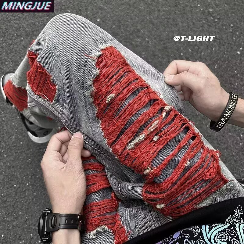 Washed jeans with ripped holes, men's hip-hop explosive pants, high street Instagram trendy brand straight leg pants