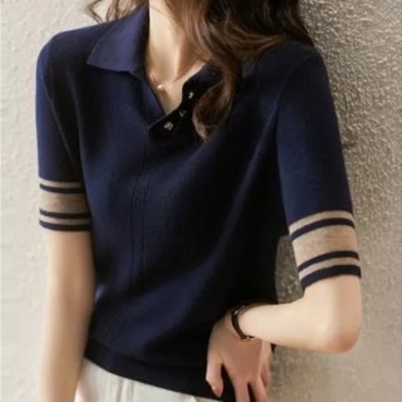 Short Sleeve Polo Shirts Woman Black Women Vintage Sweatshirt Flower Knitted Korean Shirt High Quality Top Cotton 240713