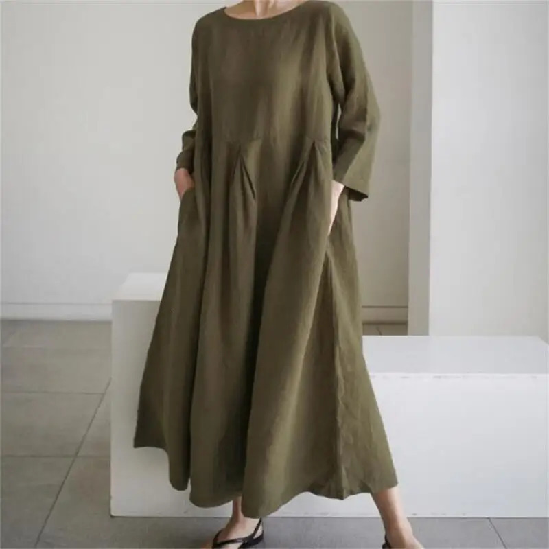 Loose Casual Cotton Linen Dresses for Women Longsleeved Round Neck Vintage Simple Solid Colour Female Holiday Beach Long Dress 240717