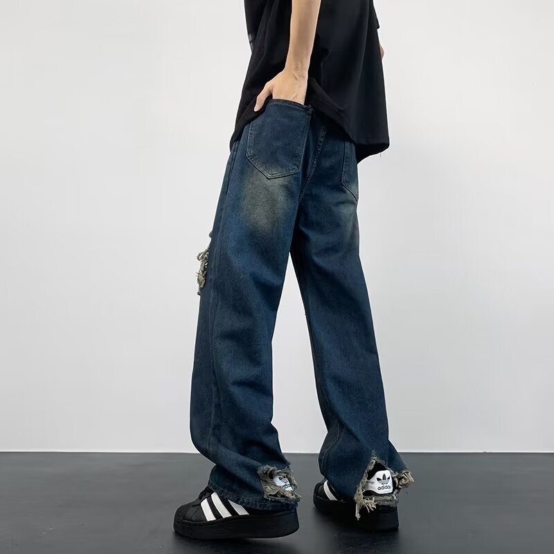 Outdated, ripped design, floor length jeans, summer niche fashion brand, high street loose and versatile beggar wide leg pants