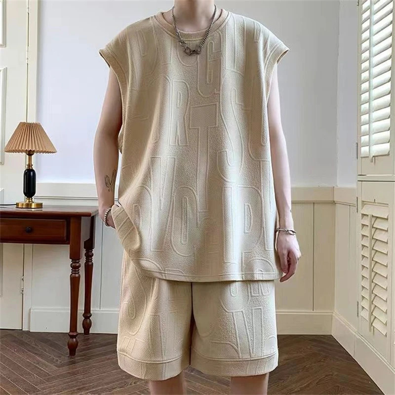 Two Piece Set Men Trendy High Street Sleeveless Oversize Tank Tops Y2K Solid Round Neck Sports Vest Casual Shorts Tracksuit Suit 240715