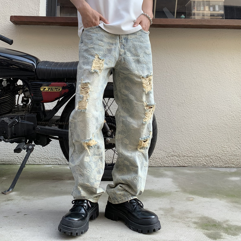 American fashion brand ripped jeans loose straight leg quality jacquard men's denim pants