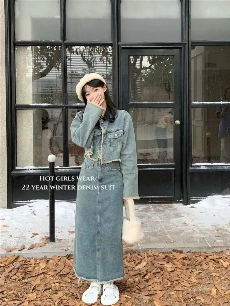 Women Denim Coat Skirt 2 Piece Sets Retro Tassel Outerwear Autumn Long Sleeve Jacket High Waist Jean Skirt Suits Female Outfits 240715