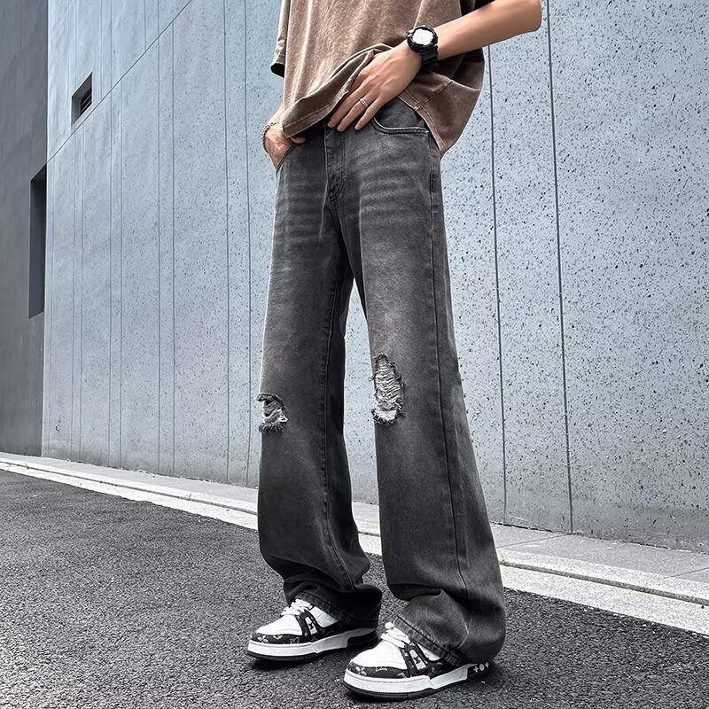 Summer Brand Cloth Piercing Black Grey Jeans Men's Loose Straight Wide Leg Rascal Handsome Large Casual Pants Trendy