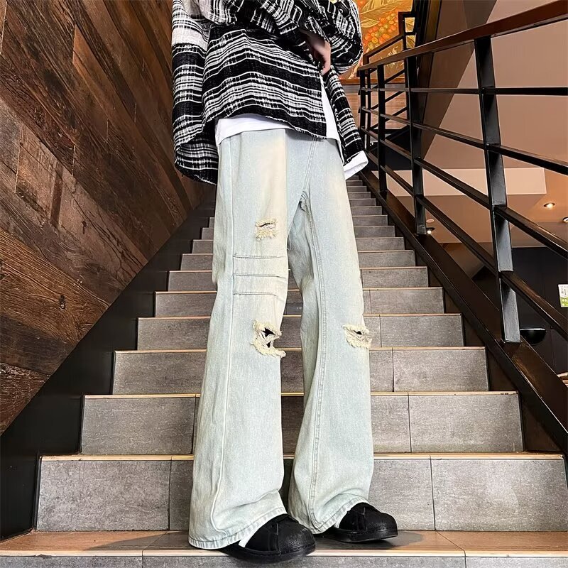 Vintage ripped jeans men's American high street straight trendy brand cool and versatile loose wide leg pants