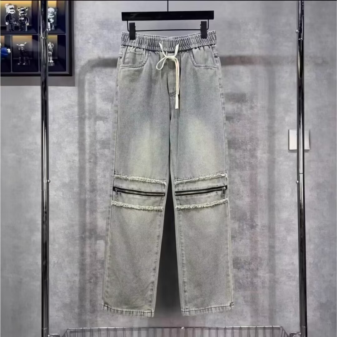 2024American washed pants, high street ripped jeans, men's straight leg loose and high-end beggar pants