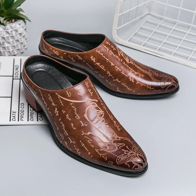 Summer High Heel Mules Men Half Shoes For Man Leather Slippers Mens Casual Shoes Formal Loafers Dress Male Slides Sandals 240713