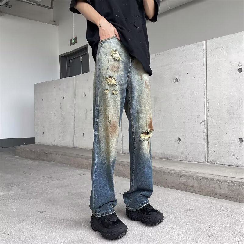Jeans soft and loose straight wide leg American trendy brand workwear casual pants men's style