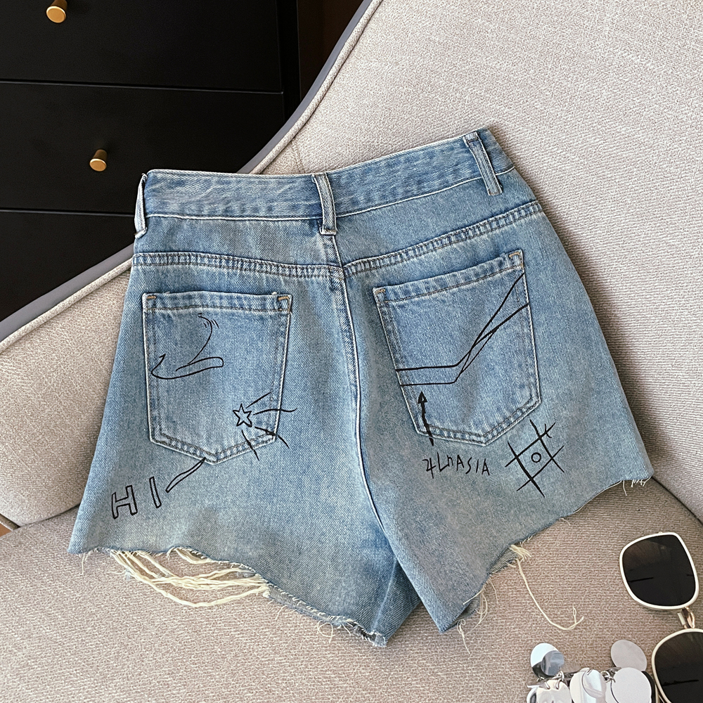 Korean version fun rabbit graffiti print with holes, rough edges, high waist straight tube, loose and slimming denim shorts for women, summer