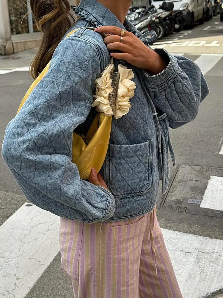 Fashion Blue Lace Up Jackets For Women Vintage Ruffle Laple Long Sleeve Pockets Coats Spring Female Commute Streetwear 240712