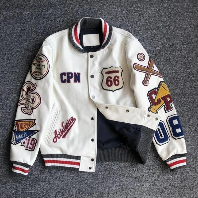 Autumn and Winter Top Layer Baseball Jacket Mens Leather Trendy Jacket Heavy Industry Embroidered White Short Jacket 240716
