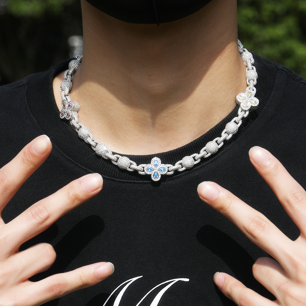 Hip Hop Flower Chain Necklace Bracelet 18K Gold Plated 5A Zircon Men Jewelry Set