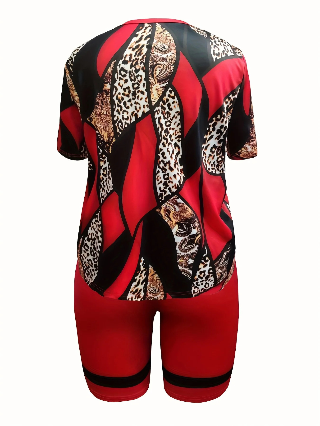 Plus Size Morning Exercise Clothes Casual Outfits Set Womens Leopard Print Short Sleeve Top Biker Shorts 2 Piece Suit 240709