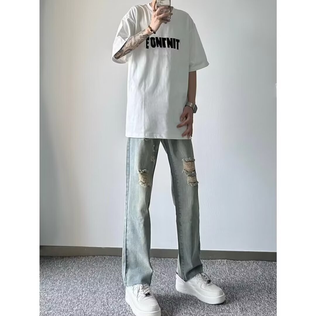 New high street washed distressed jeans with holes, men's trendy brand loose straight tube versatile American pants