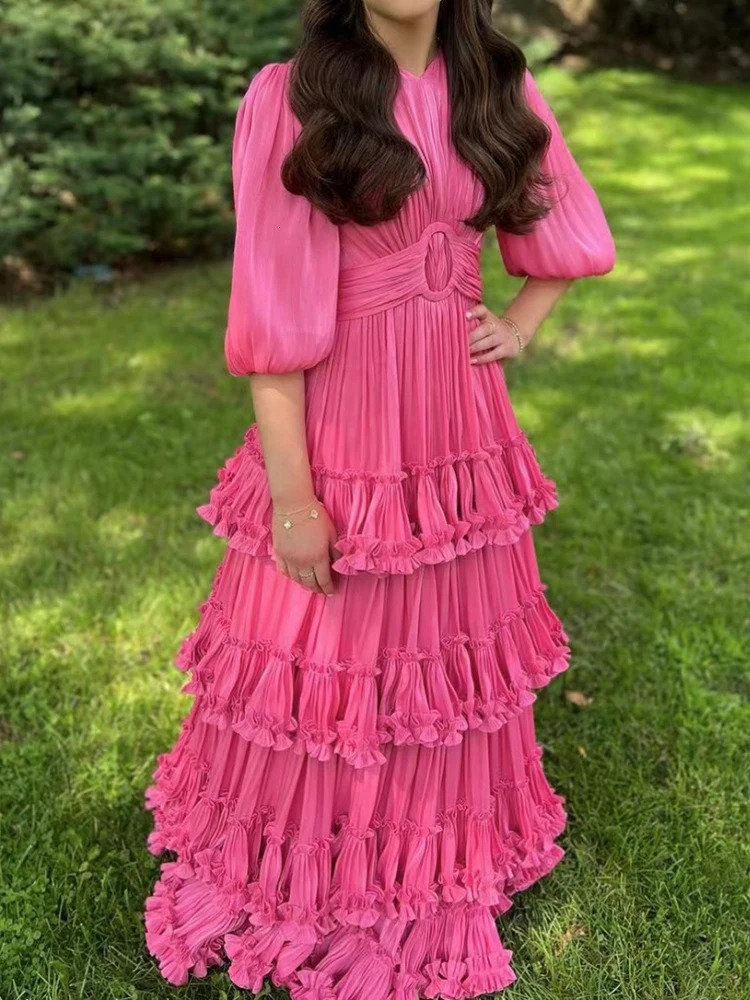 VGH Patchwork Edible Tree Fungus Elegant Dresses For Women Round Neck Puff Sleeve High Waist Temperament Tunic Dress Female 240712