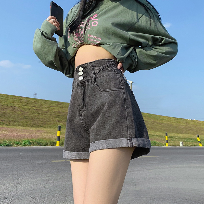 Denim shorts women's loose 2022 new summer thin style black A-line high waist slimming Korean version wide leg hot pants ins