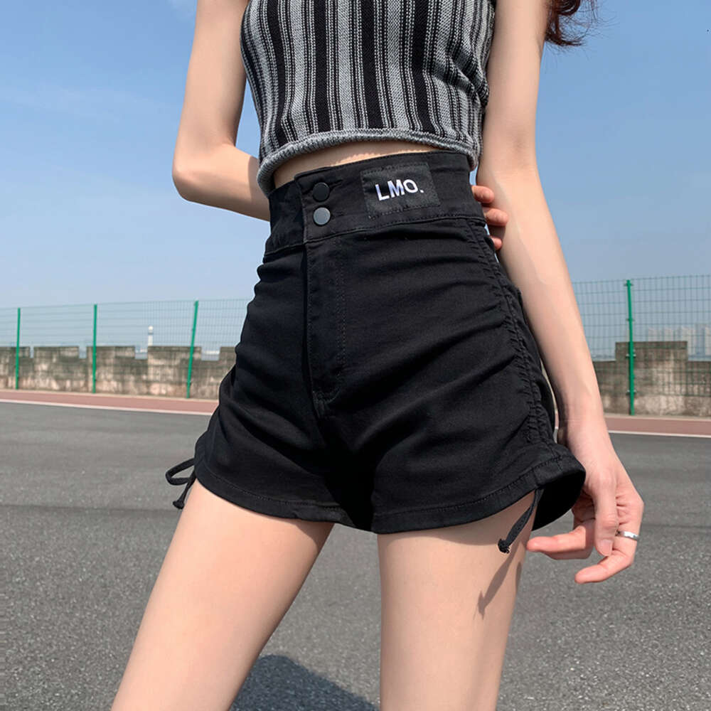 Black denim shorts for women in the summer of 2023, high waisted and slimming new style, niche design, tied rope, spicy girl hot pants